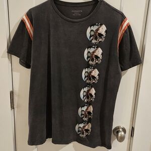 Allsaints Skull Print Distressed Cotton T-Shirt - Black & Orange - Size Large